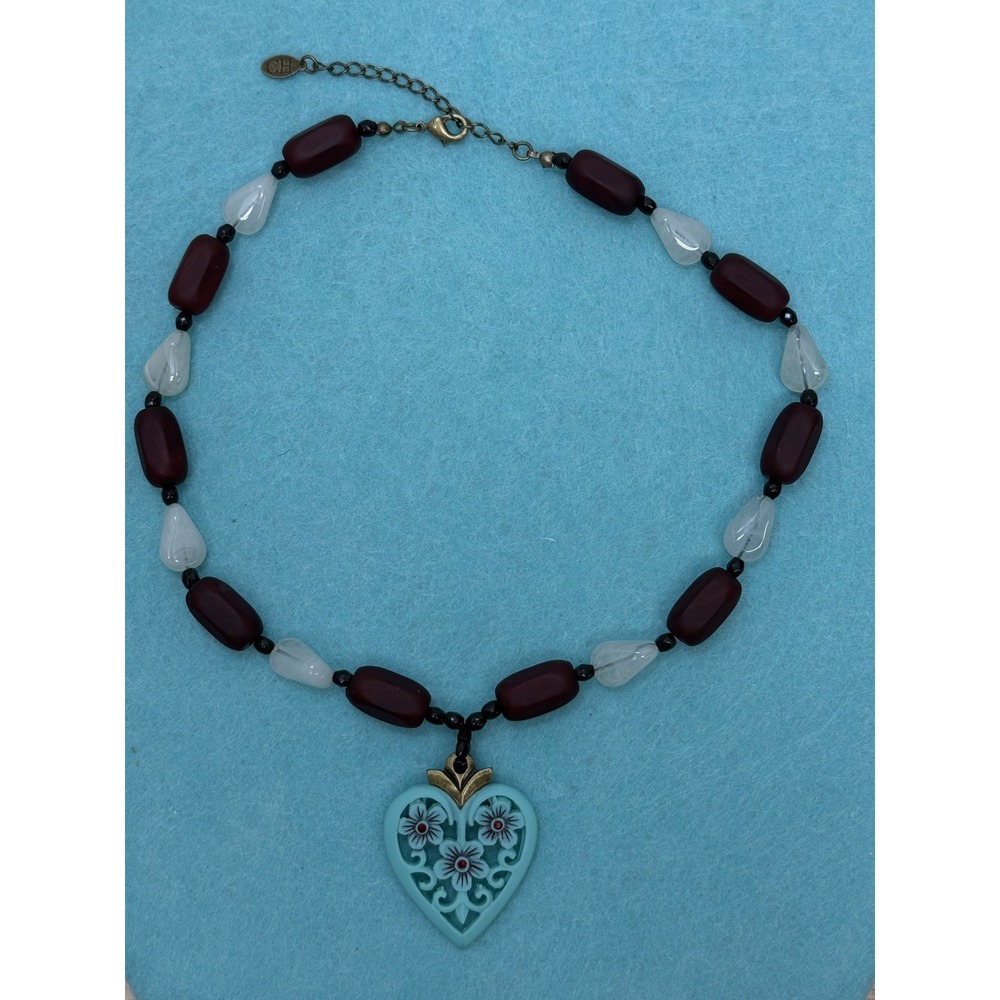 Vintage Unsigned Authentic Carolina‎ Herrera Beaded Heart Pendant Necklace